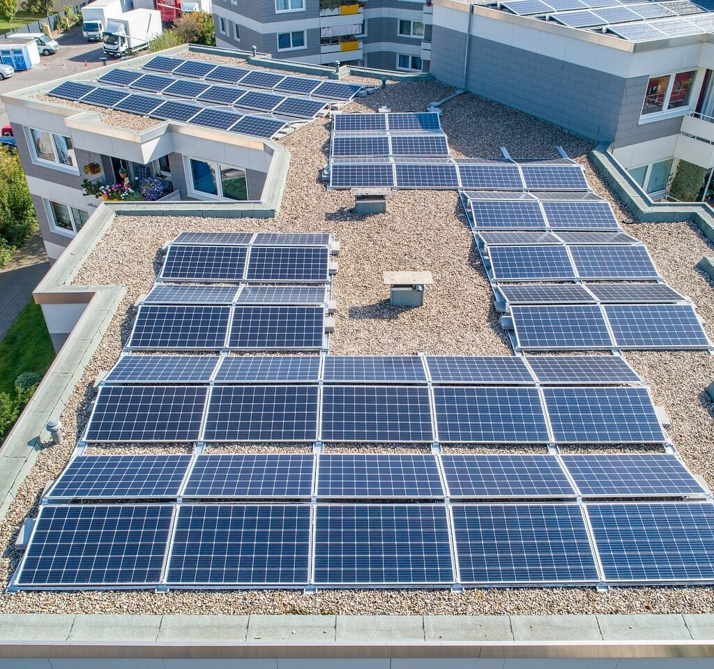 a drone image of a solar farm with automated monitoring systems.